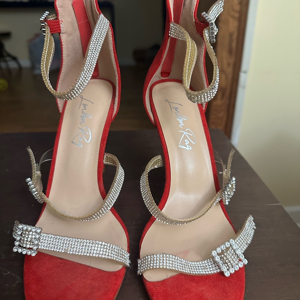 Elegant Red Suede Heels with Rhinestone Accents